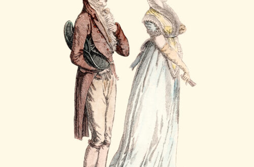 ebook cover for A Brilliant Mismatch. A period drawing of a woman and man standing in profile looking to the right, dressed in Regency-era costume.