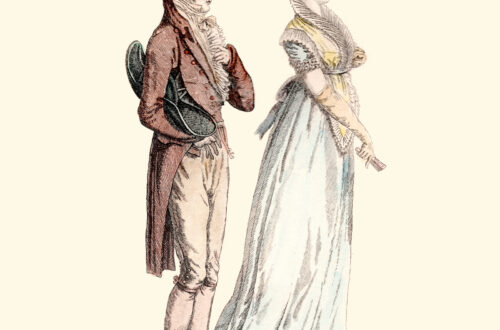 ebook cover for A Brilliant Mismatch. A period drawing of a woman and man standing in profile looking to the right, dressed in Regency-era costume.